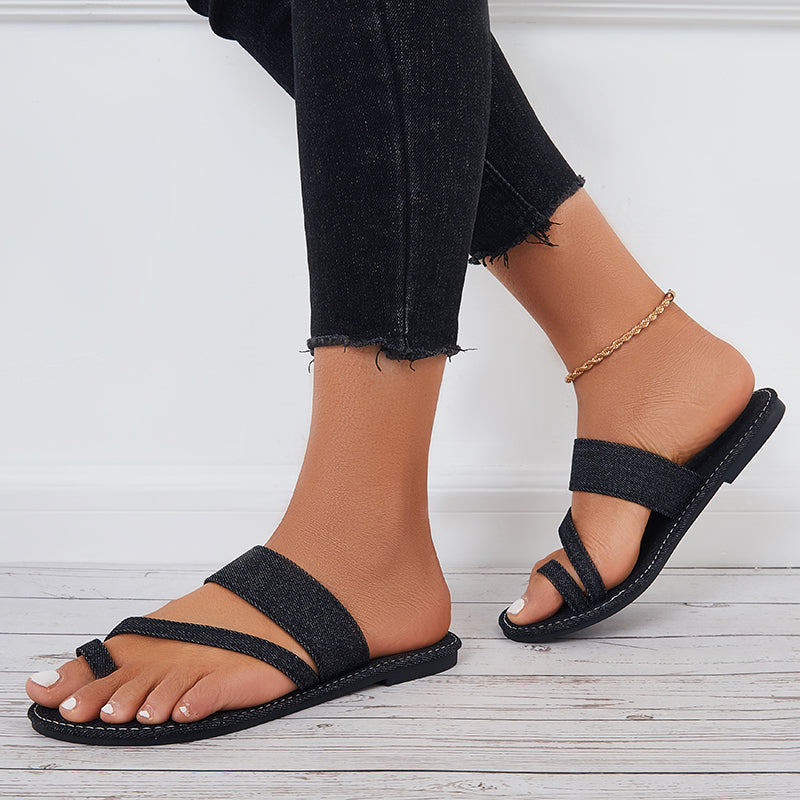 Summer Slippers Toe Ring Wide Flat Sandals Denim Slide Sandals