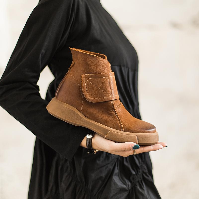 Waxing Leather Boots Velcro Ankle Boots Leather and Short Plush For Choice Black/Coffee
