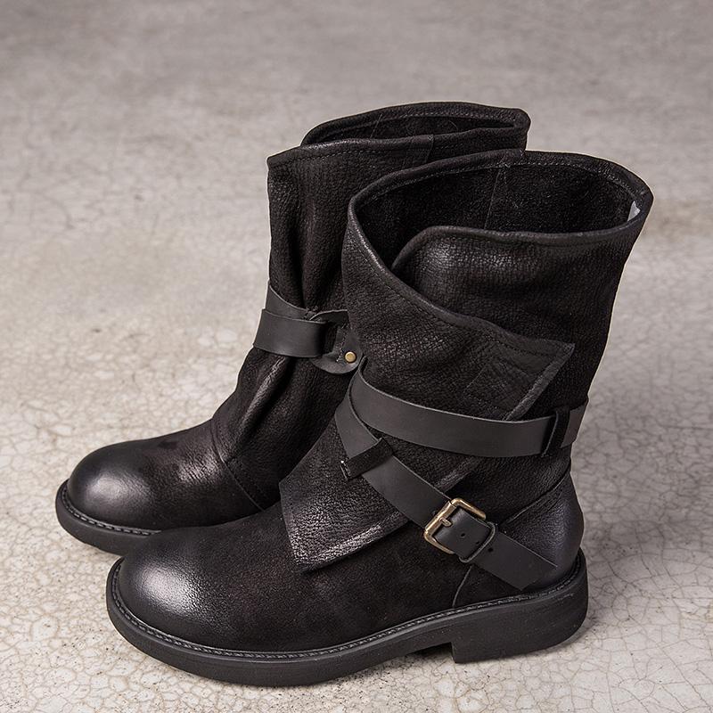 Womens Retro Leather Mid Calf Boots for Winter Buckles Boots in Coffee/Black/Grey/Deep Grey
