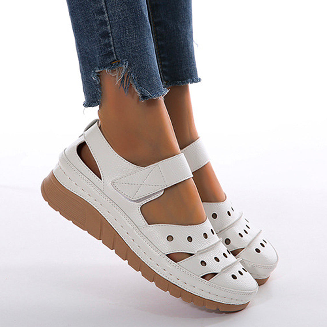 Women's Casual Platform Flat Comfort Breathable Leather Walking Shoes