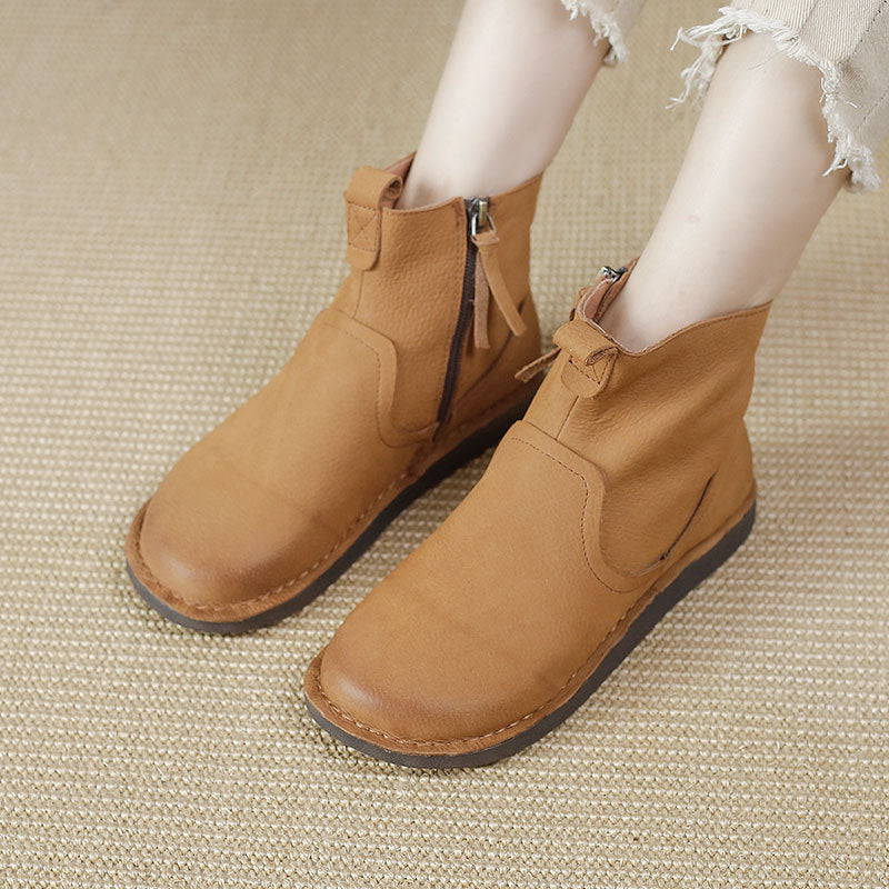 Retro Cowhide Boots Women Comfy Zip Walking Boots Brown/Coffee