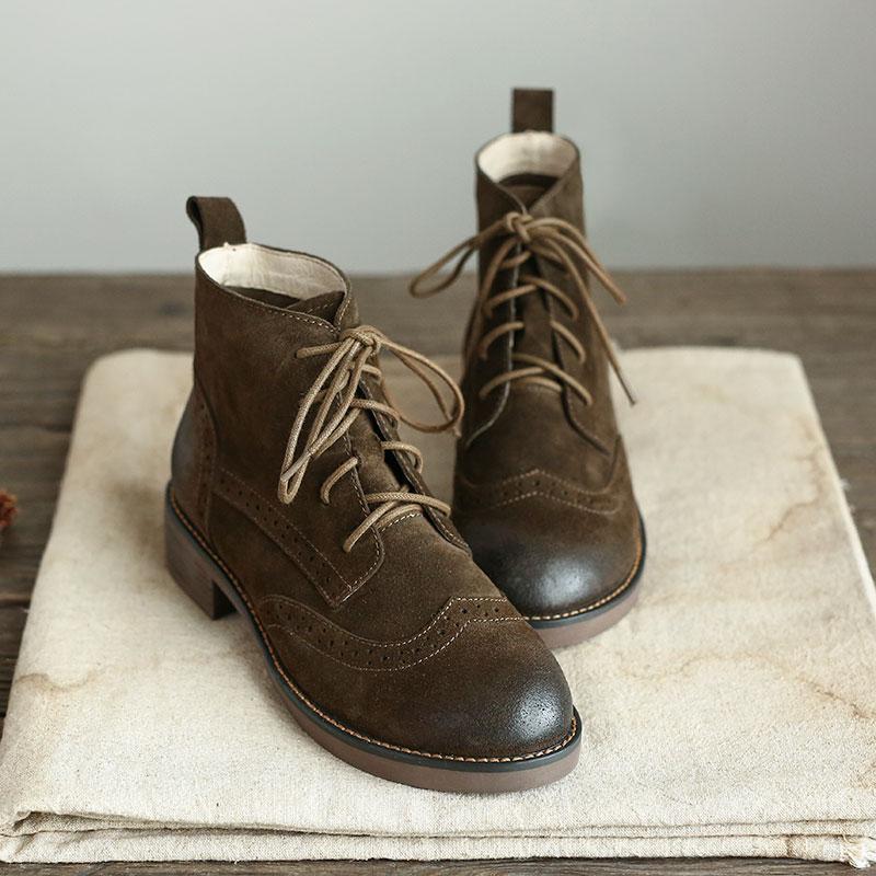 Handmade Brogue Leather Boots Women Midheel Ankle Boots With Lace Brown/Khaki