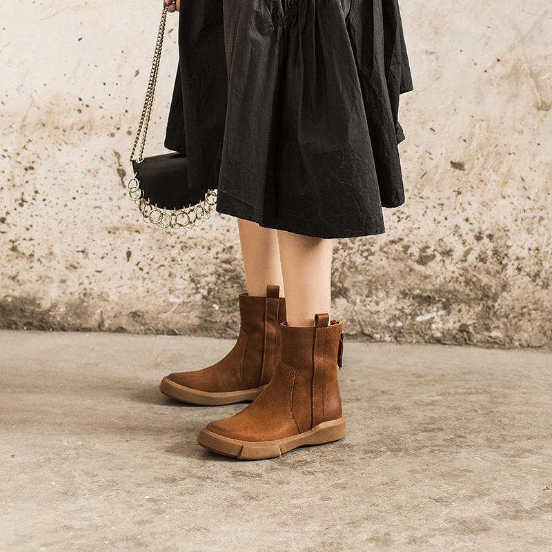Waxing Leather Chelsea Boots Handmade British Boots Back Zip Black/Coffee/Black Short Plush/Coffee Short Plush