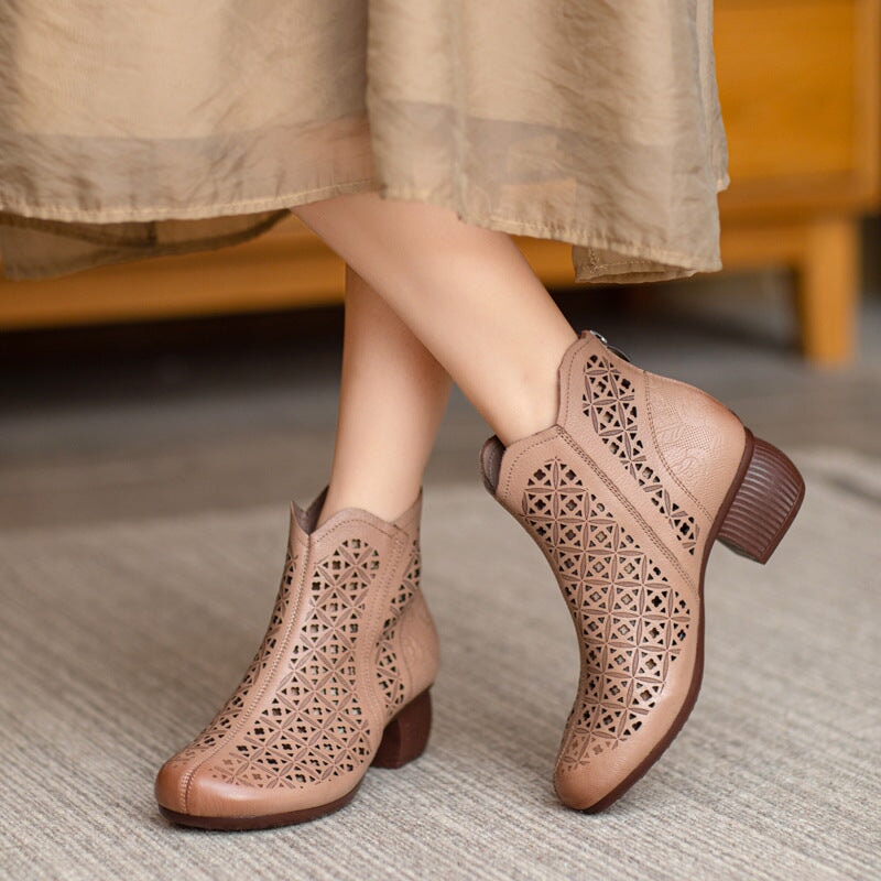 Cut Out Summer Boots Breathable Leather Short Boots Coffee /Apricot