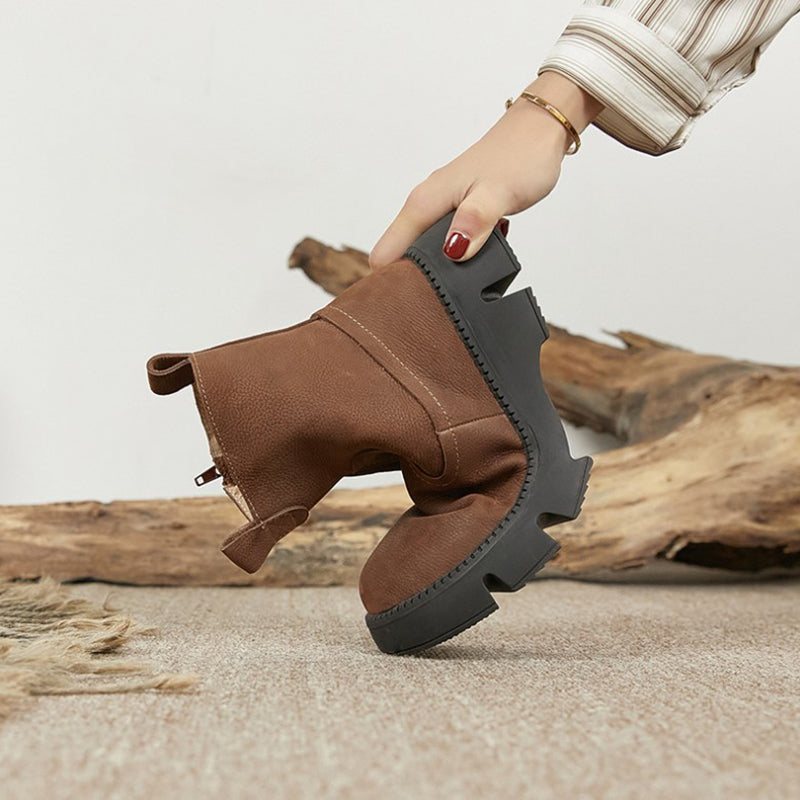 Retro Cowhide Chunky Boots Women Comfy Zip Walking Boots Gray/Apricot