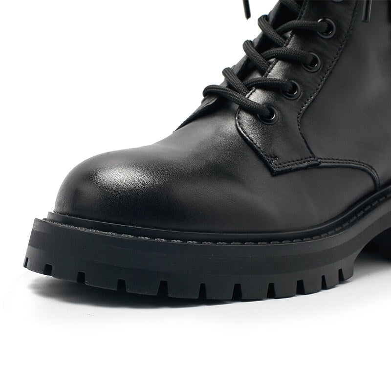 Leather Short Boots Lace up Combat Boots with Metal Chain Detail in Black