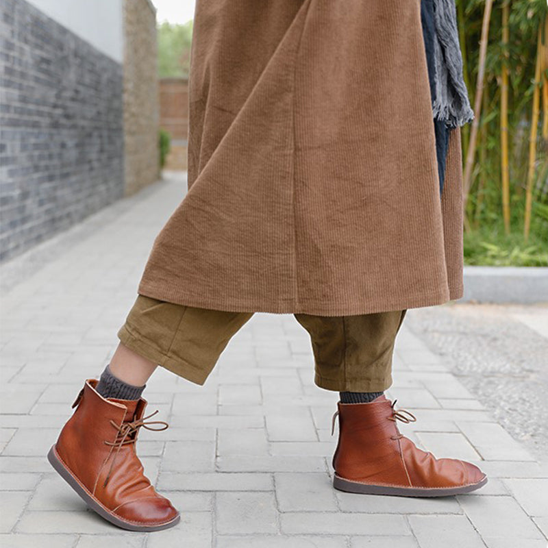 Handmade Women Calf Leather Booties Round Toe Lace-Up Flat Shoes Ankle Boots Brown/Coffee
