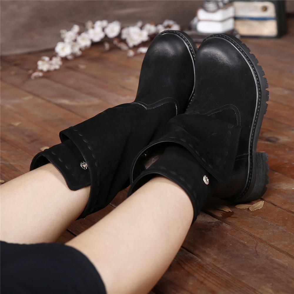 Women'S Retro Leather Boots Button Sleeve Black/Red