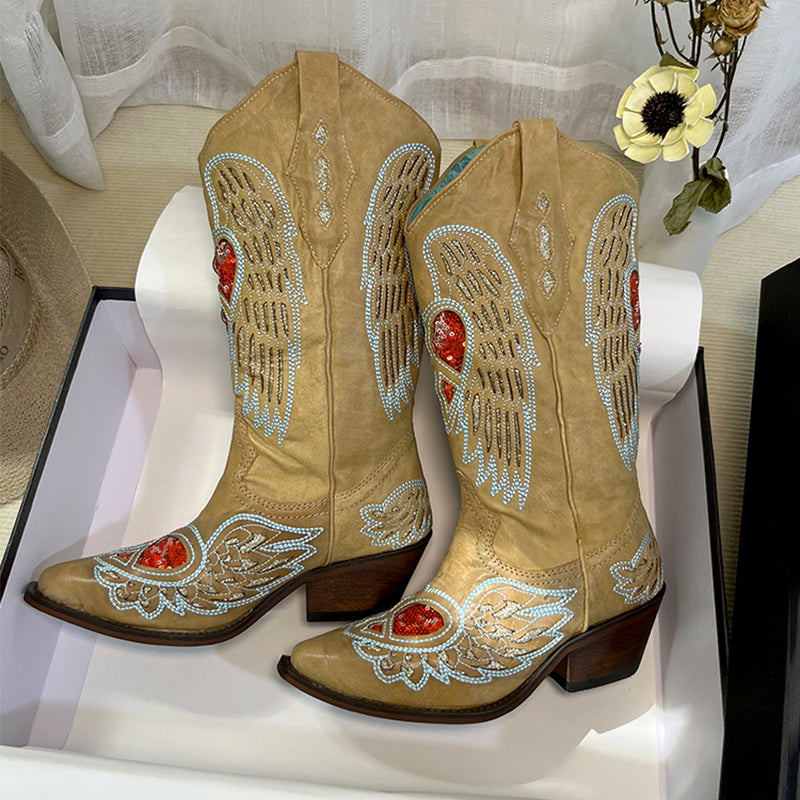 Womens Western Contrast-stitching Cowboy Boots Rivet Decorate- Khaki Cowgirl Boots All Genuine Leather