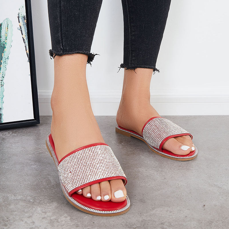 Rhinestone Slip on Flat Slide Sandals Glitter Open Toe Casual Slippers