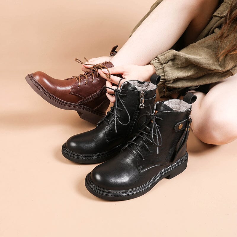 Chunky Side Zip Boots Belted Leather Boots Soft Walking Short Boots Black/Coffee