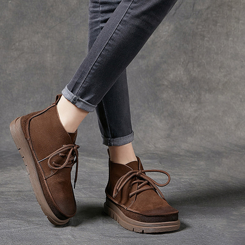 Handmade Leather Lace Up Ankle Boots For Women Soft Short Boots For Fall And Winter Coffee/Khaki