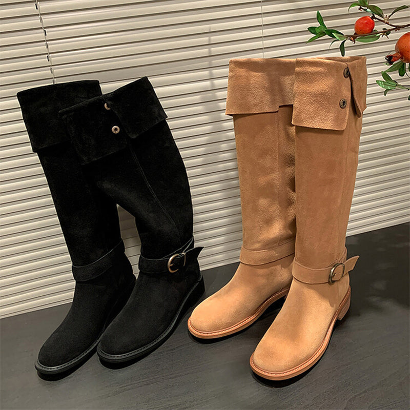 Womens Suede Leather Knee High Boots 75mm Block Heel In Black/Apricot