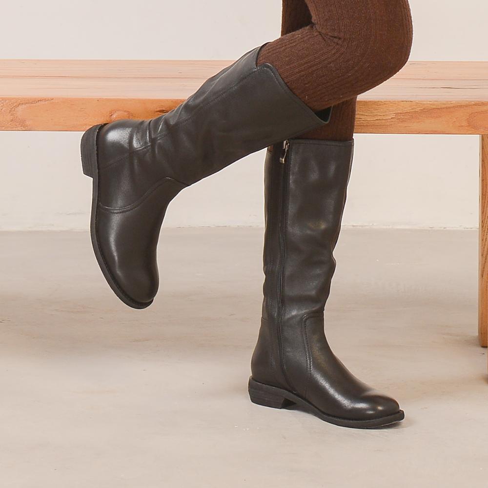 Wide Fit Handmade Soft Leather Knee High Boots Side Zip Riding Boots Black Short Plush