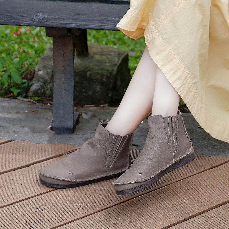 Retro Genuine Leather Soft Flat Boots For Women Round Toe Chelsea Boots Wide Fit Apricot Coffee