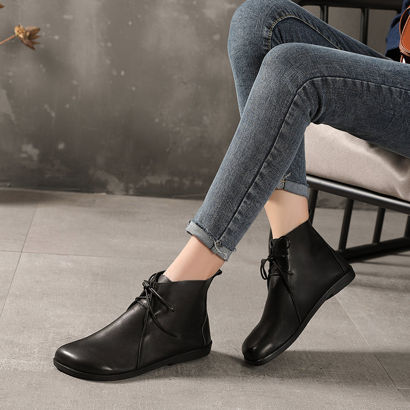 Handmade Soft Leather Ankle Boots Retro Round Toe Short Boots Women Mori Girl Boots