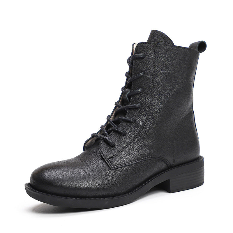 Winter Boots Handmade Genuine Leather Lace-Up Combat Boots Retro Boots Chunky Ankle Boots Black/Coffee