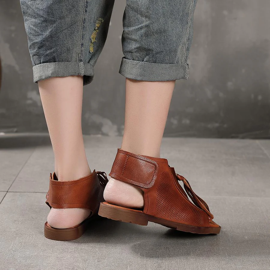 Leather Gladiator Sandals Peep Toe Retro Handmade Sandals Boots