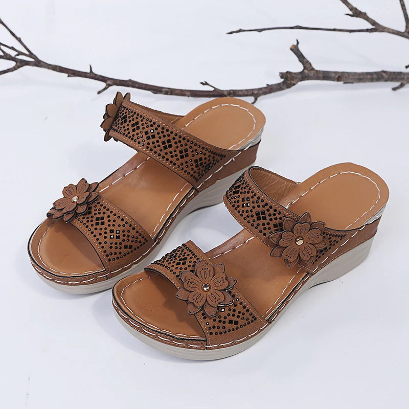 Wedge Heel Sandals Women Nubuck Flower