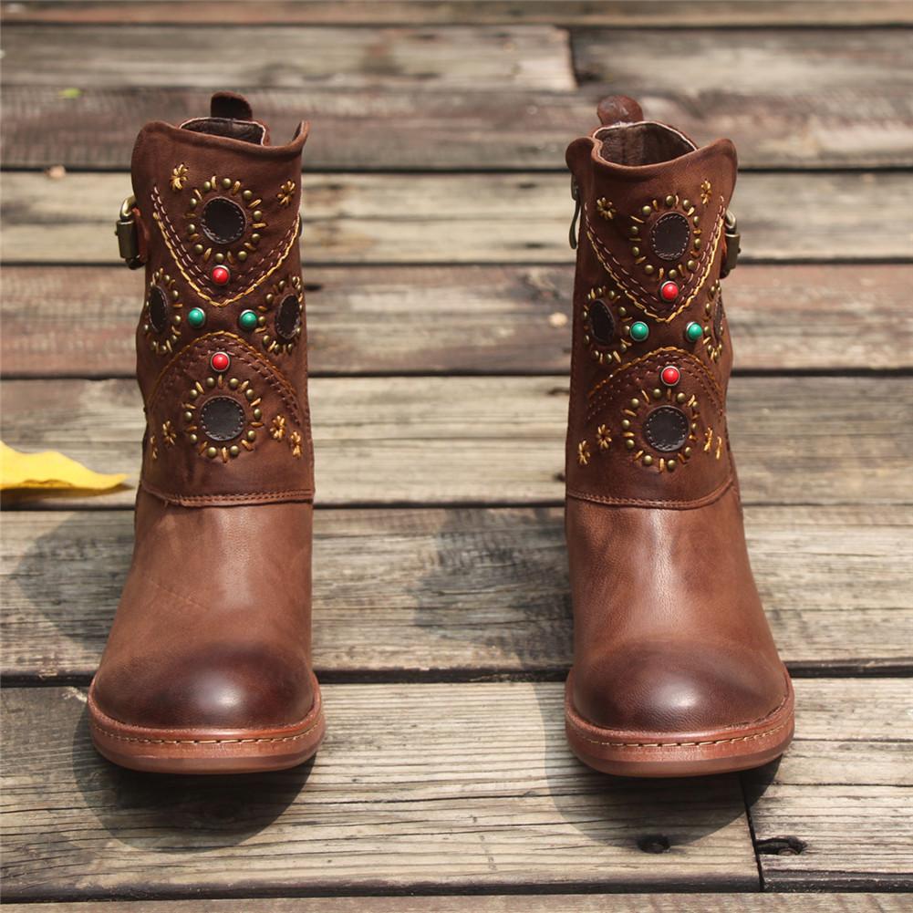 Women Leather Ankle Boots Retro Rivet Comfortable Walking Round Toe Coffee