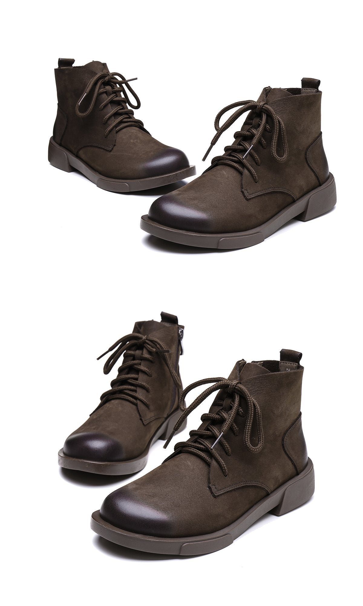 Handmade Nubuck Leather Ankle Boots Retro Round Toe Short Boots Coffee/Black