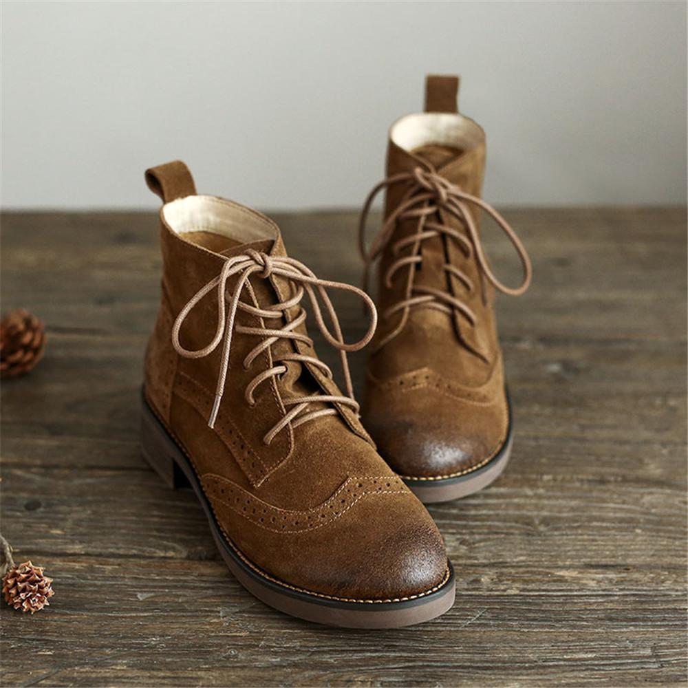 Handmade Brogue Leather Boots Women Midheel Ankle Boots With Lace Brown/Khaki