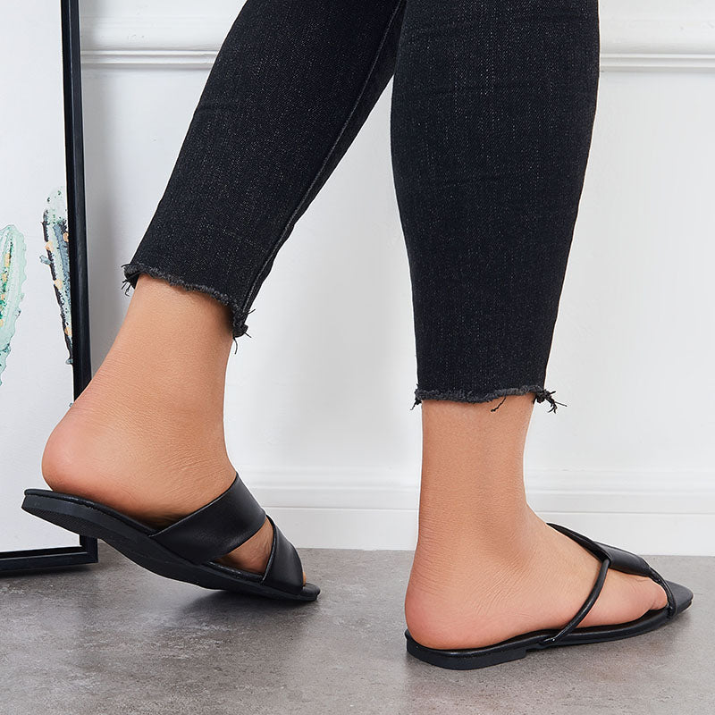 Criss Cross Slide Sandals Casual Square Toe Flat Slippers