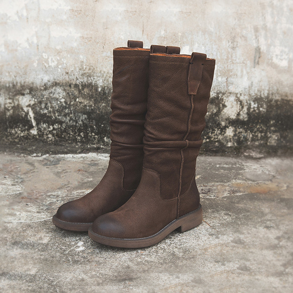 Nubuck Leather Mid Calf Boots Fold Design Riding Boots Short Plush Lined Or Leather For Choice Coffee/Black