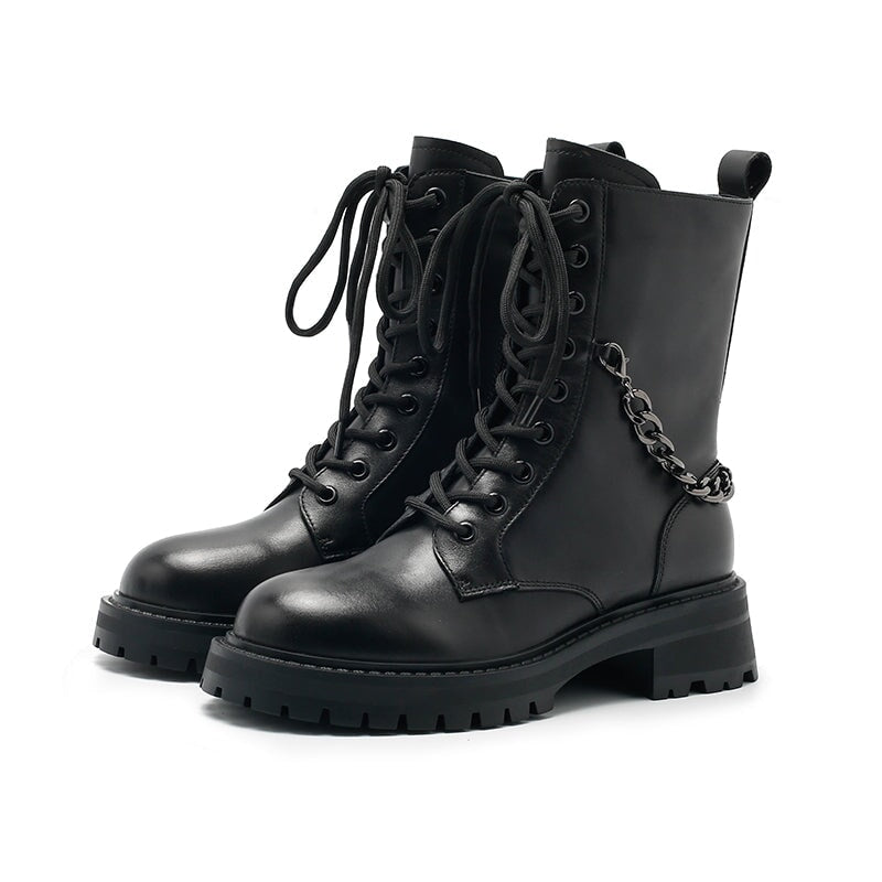 Leather Short Boots Lace up Combat Boots with Metal Chain Detail in Black