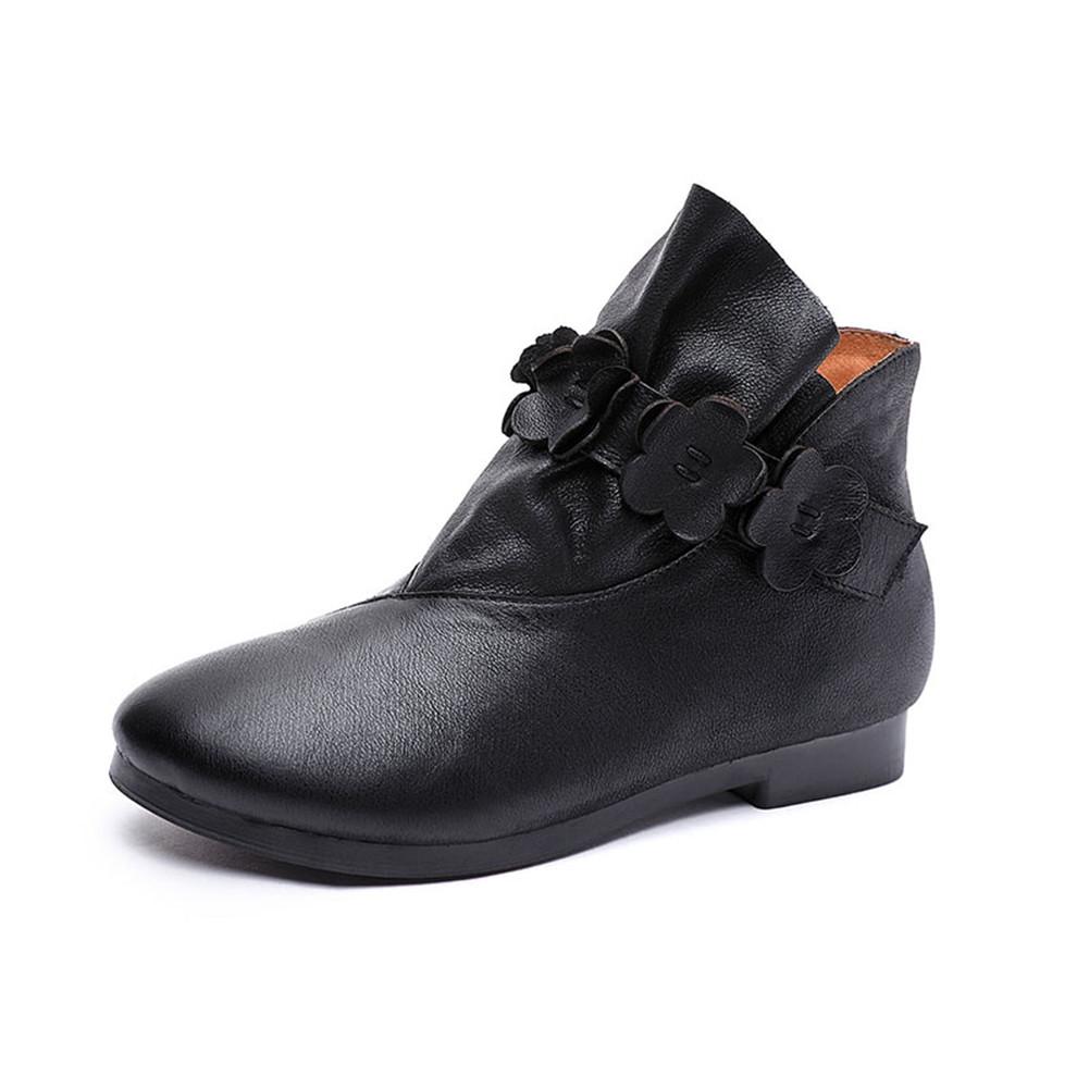 Leather Work Combat Boots Handmade Women Boots With Flowers Chelsea Boots Oil-Wax