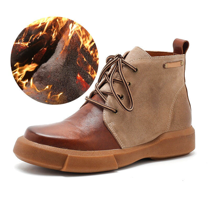 Womens Boots Lace Up Vegetable Tanned Leather Ankle Boots in Coffee/Coffee Short Plush