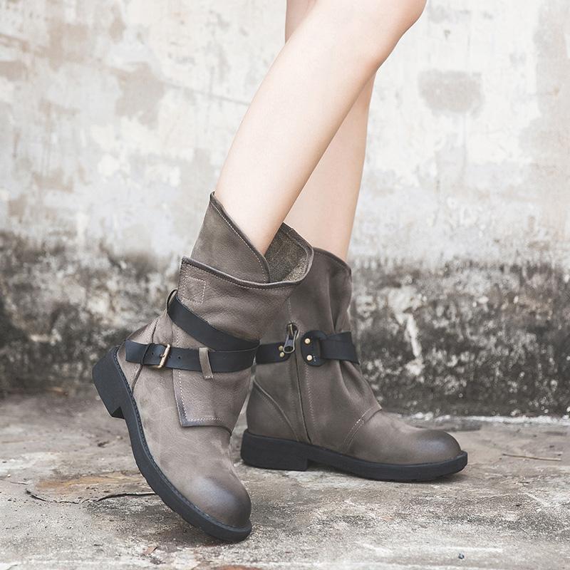 Womens Retro Leather Mid Calf Boots for Winter Buckles Boots in Coffee/Black/Grey/Deep Grey