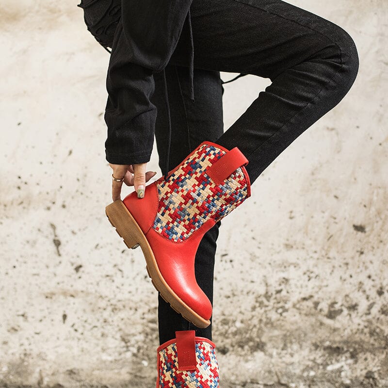 Woven Leather Boots Mid Calf Color Blocking Design Cowgirl Boots In Green/Apricot/Red/Black