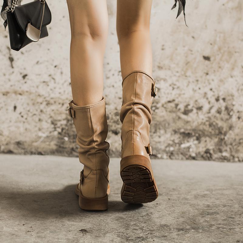 Waxing Leather Mid Calf Boots Fold Design Riding Boots Short Plush Lined Or Leather For Choice Apricot/Brown/Black