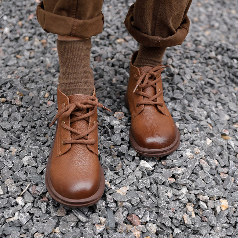 Handmade Brown Retro Leather Oxford Shoes for Women Flat Ankle Boots Lace Up Short Booties