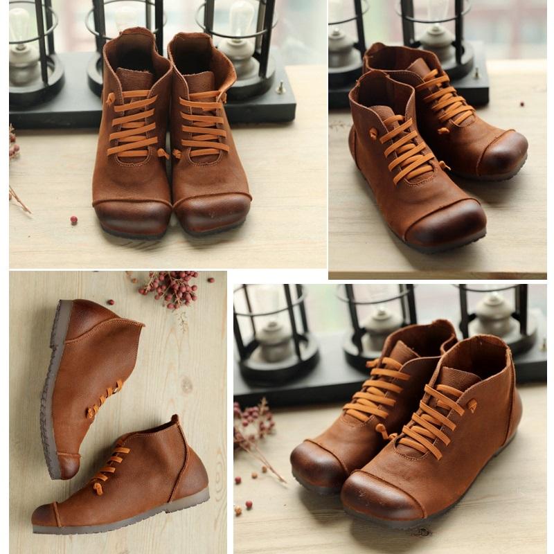 Women Ankle Booties Handmade Leather Low-Heel Square Toe Flat Riding Boots Brown/Black