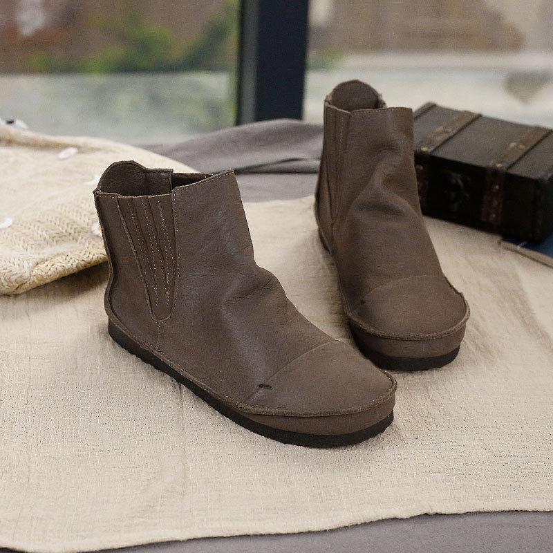 Retro Genuine Leather Soft Flat Boots For Women Round Toe Chelsea Boots Wide Fit Apricot Coffee