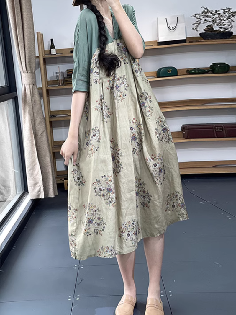 V-neck Retro Printing A-Line Dress