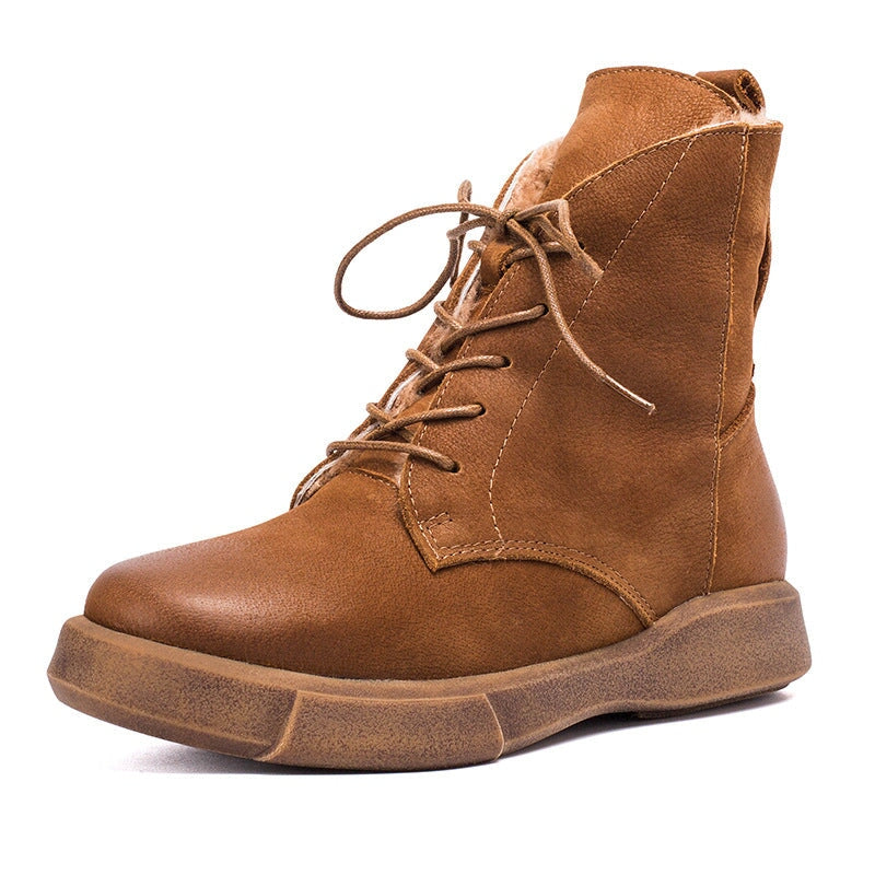 Waxing Leather Shearling Lined Short Boots for Winter Lace Up Snow Boots in Black/Coffee