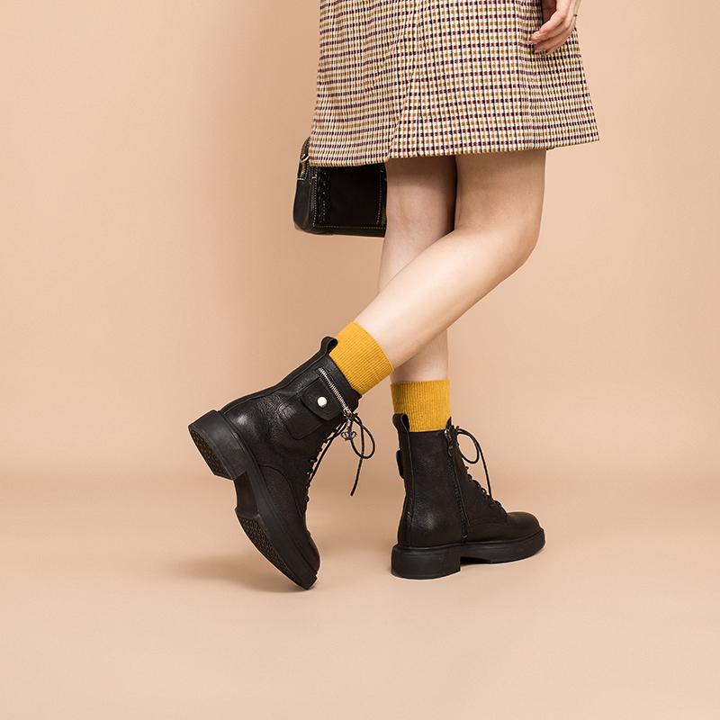 Fashion Full Grain Leather Combat Boots Designer Retro Chunky Riding Boots Side Zip Pocket Decoration Brown/Black