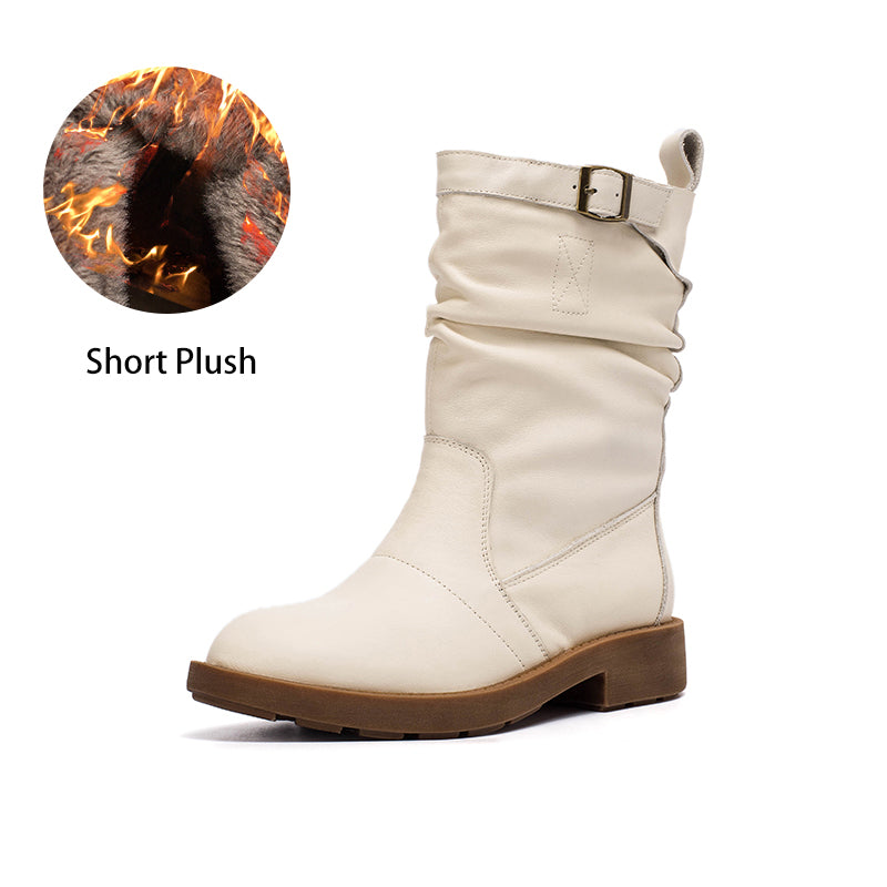 Soft Leather Mid Calf Boots Fold Design Riding Boots Short Plush Lined For Winter