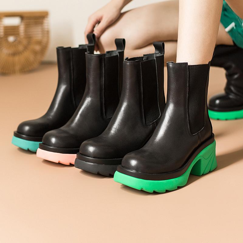 Colorful Sole Leather Chelsea Boots Designer Retro Chunky Riding Boots High Heel Handmade
