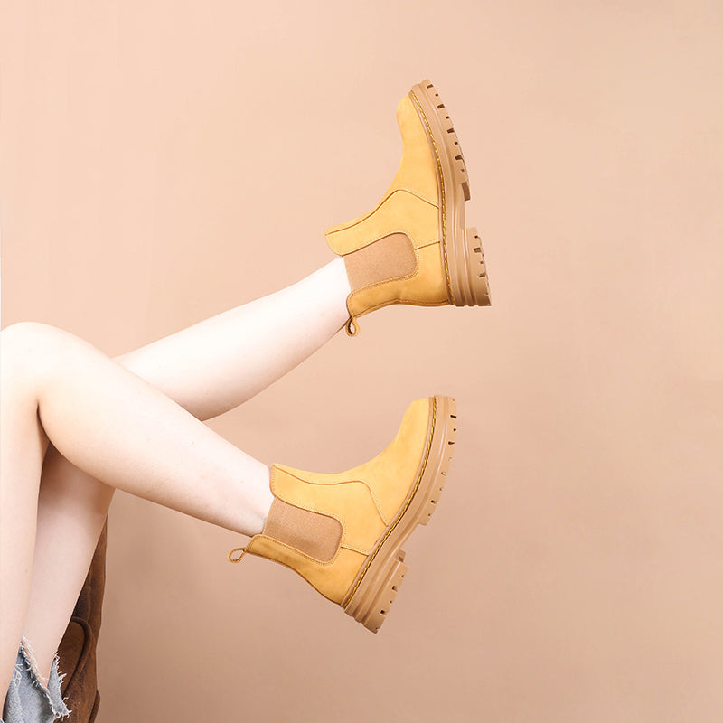 Women's Handmade Chelsea Boot in Nubuck Calfskin Waterproof in Yellow Platform