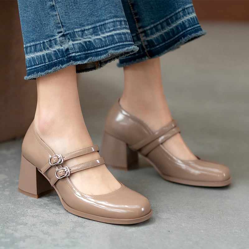 Tamera Square Toe Block Heels Pumps