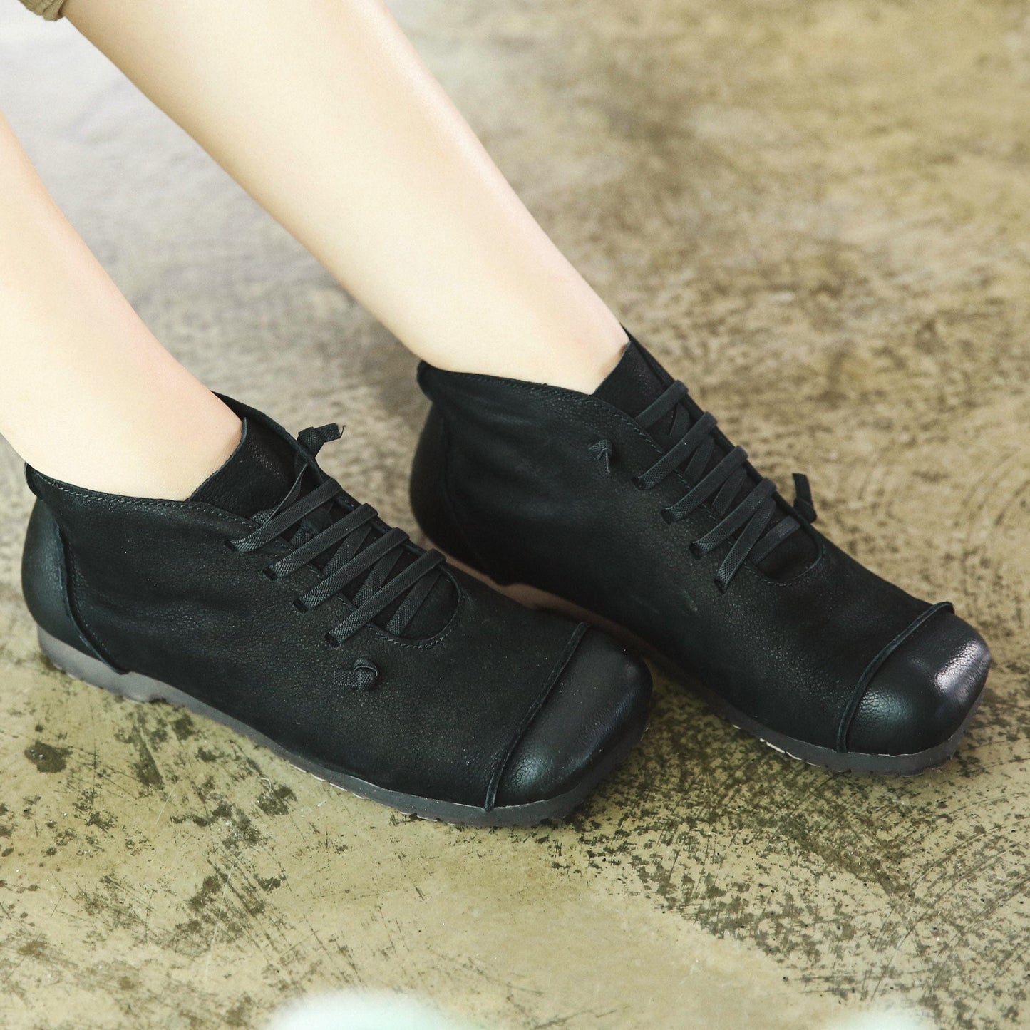 Women Ankle Booties Handmade Leather Low-Heel Square Toe Flat Riding Boots Brown/Black