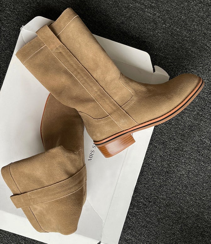 Womens Suede Leather Mid Calf Boots In Black/Khaki