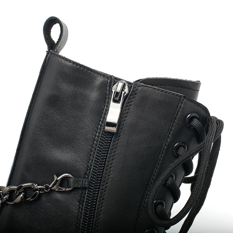 Leather Short Boots Lace up Combat Boots with Metal Chain Detail in Black