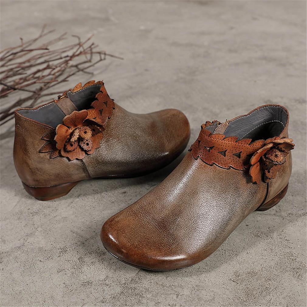 Retro Booties For Women Brush-Off Leather Handmade Flat Ankle Boots Taupe