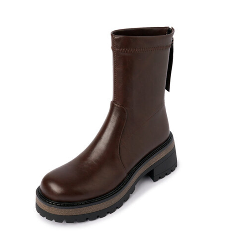 Classic Platform Chelsea Boots Handmade Genuine Leather Stretch Boots in Black/Coffee