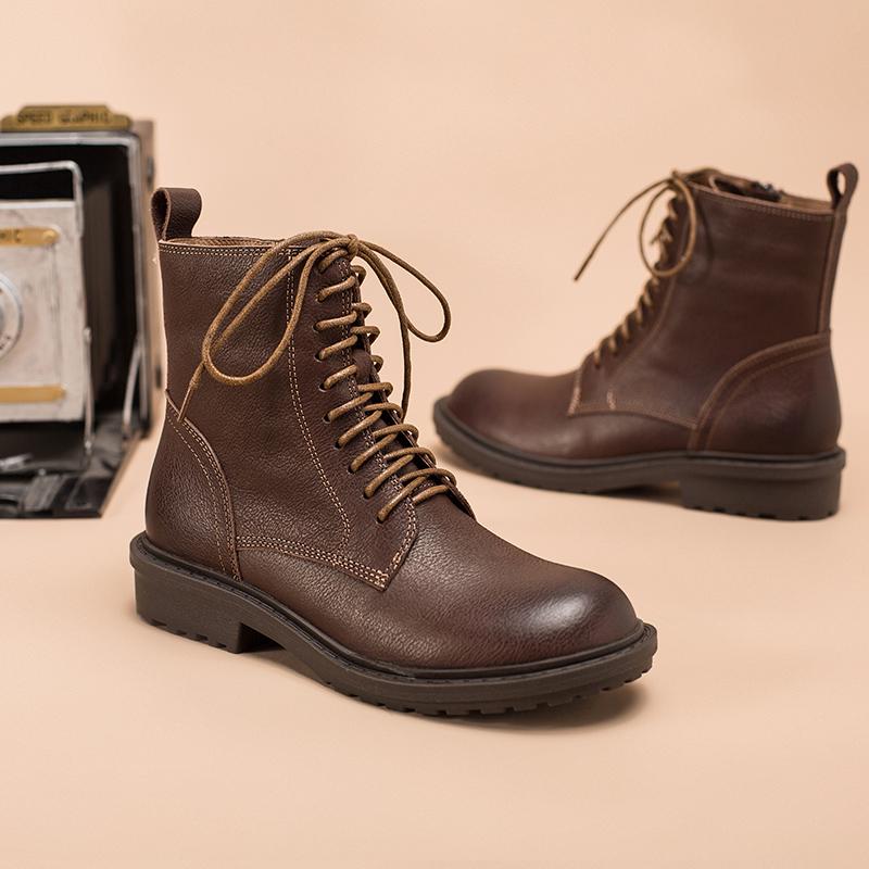 Retro Leather Combat Boots Designer Retro Chunky Riding Boots Side Zip Handmade Dark Yellow/Coffee/Black